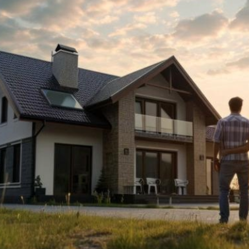 Rural home with homeowners standing in the driveway