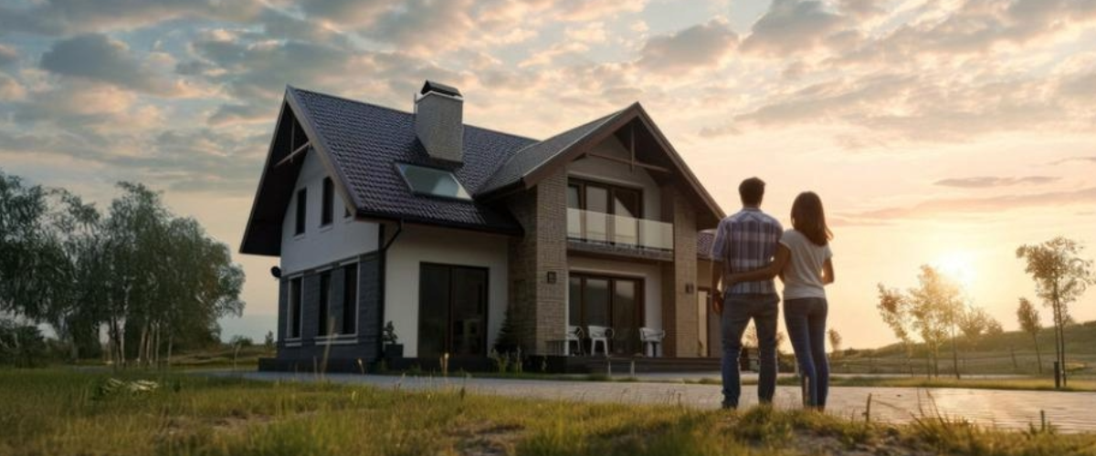 Rural home with homeowners standing in the driveway